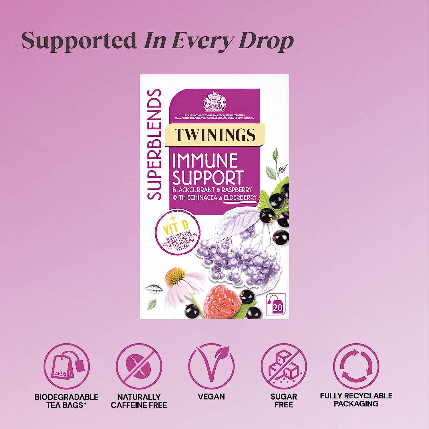 Twinings Superblends Immune Support Tea - Blackcurrant, Raspberry & Elderberry Herbal Tea (40 g) Beautiful
