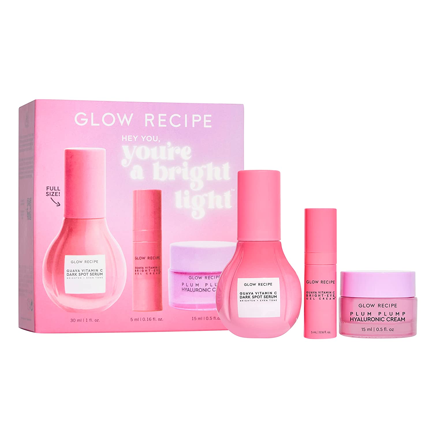 Glow Recipe Hey You, You're a Bright Light Kit - Guava Vitamin C Dark Spot Serum (30ml) Guava Vitamin C Bright-Eye Gel Cream (5ml) + Plum Plump Hyaluronic Cream (15ml) to Fade Spots & Plump Skin Beautiful