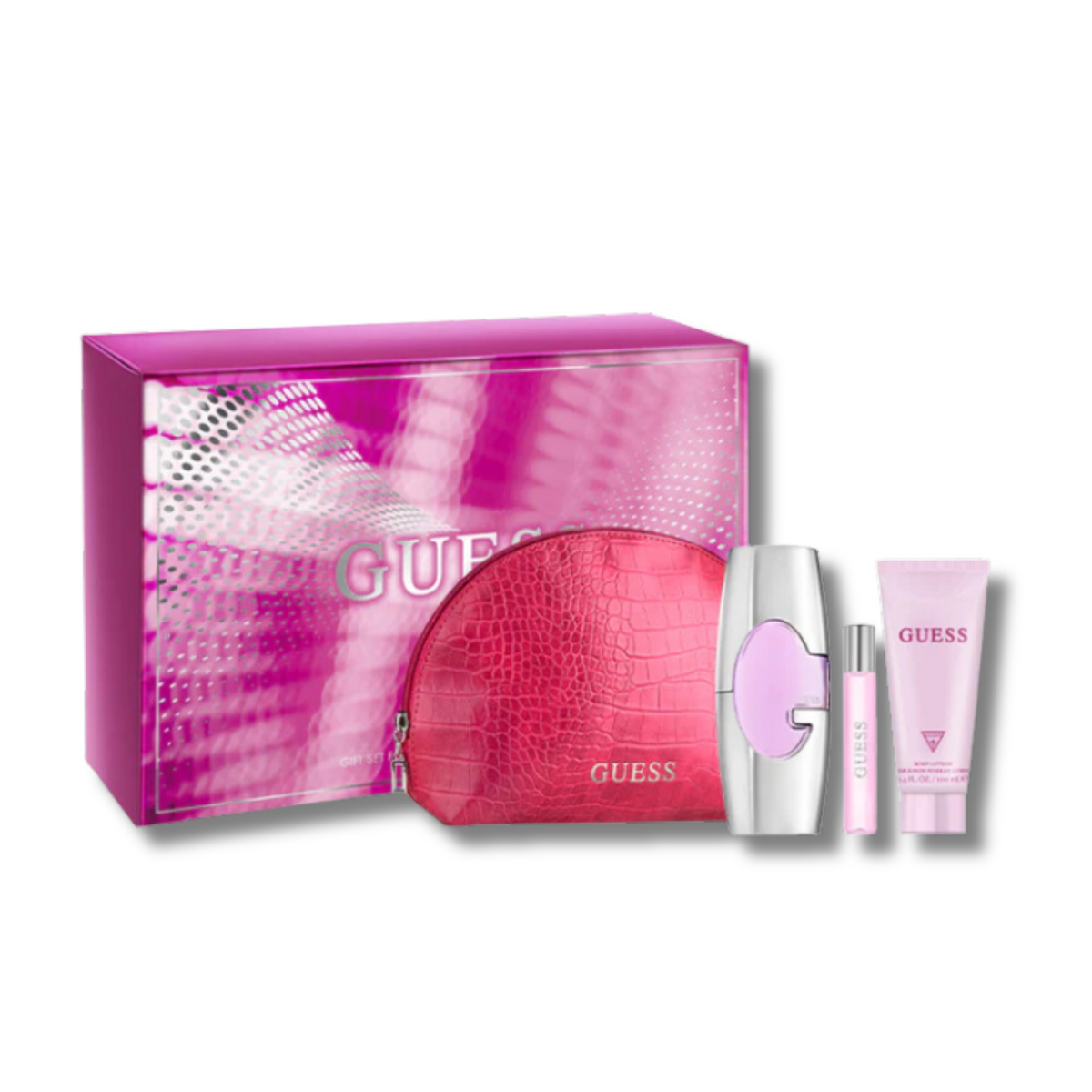 Guess Pink Eau De Parfum Gift Set with Pouch for Women (75ml+15ml+100ml) Guess