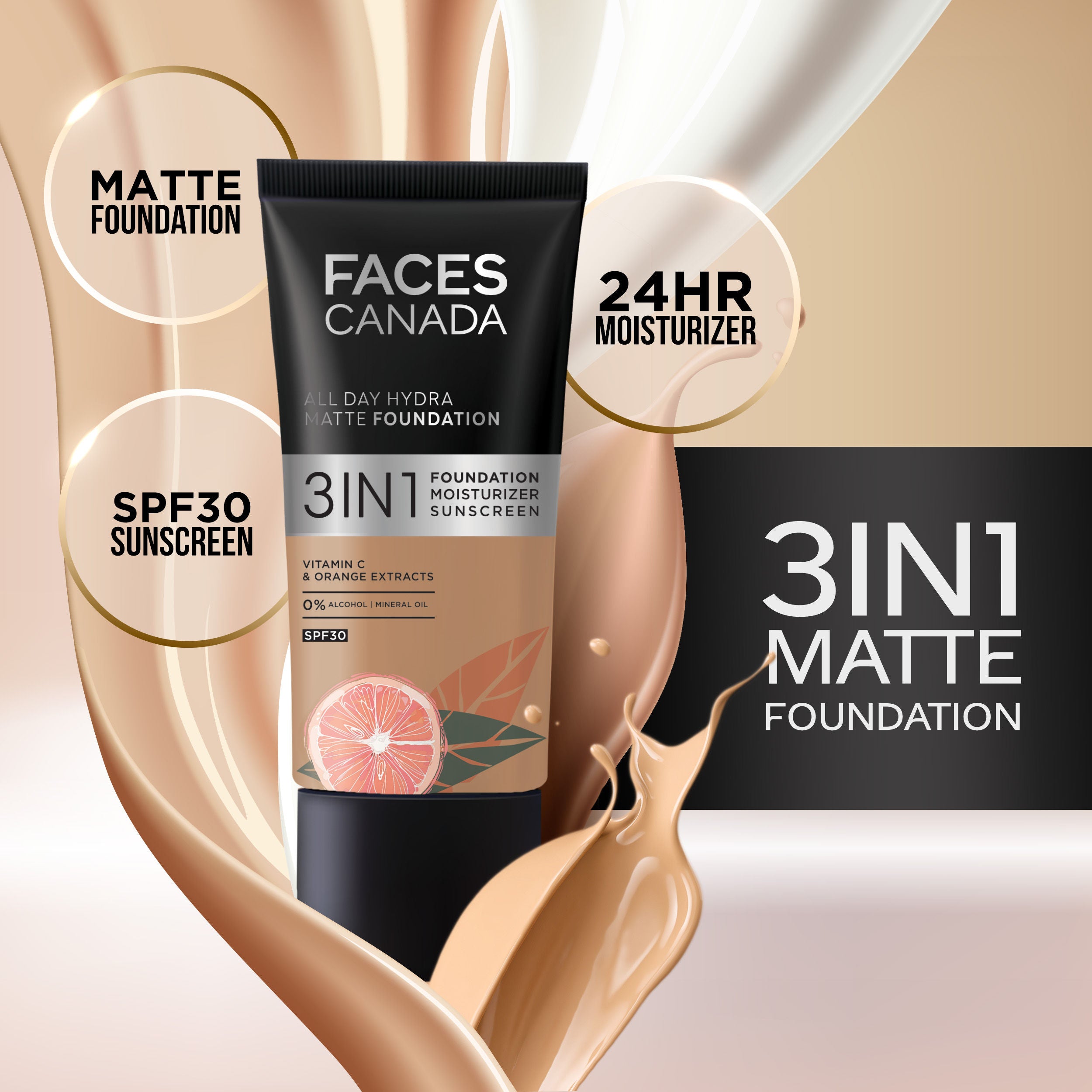 Faces Canada 3 In 1 All Day Hydra Matte Foundation - Warm Sand 042 (25ml) Faces Canada
