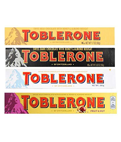 Toblerone of Switzerland Combo Pack Chocolate Bar (Swiss Milk, Swiss Dark, Swiss White, Swiss Milk Fruit & Nut), Pack of 4 (100g Each) Toblerone