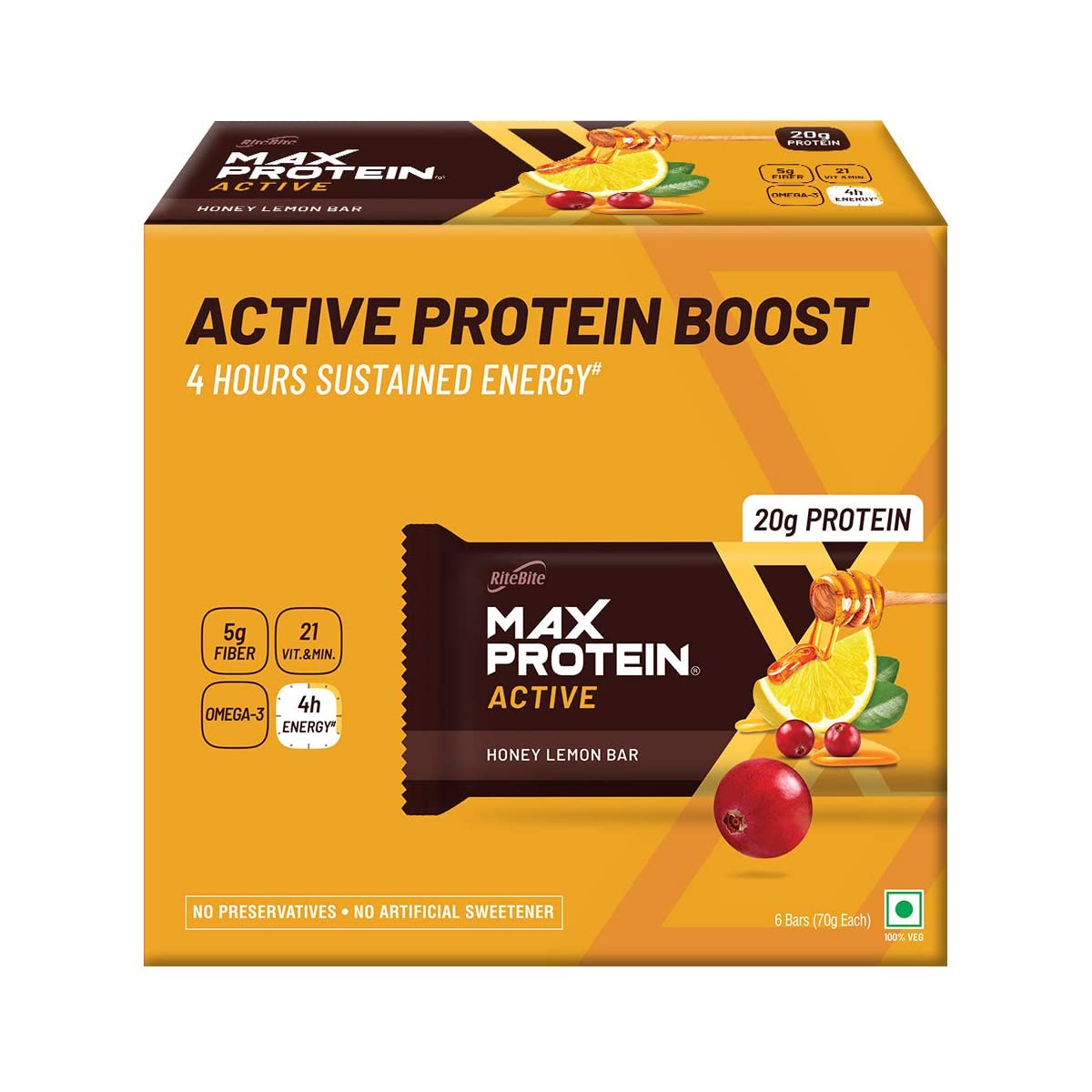 Max Protein Active Honey Lemon - 20g Protein (Pack of 6) RiteBite Max Protein