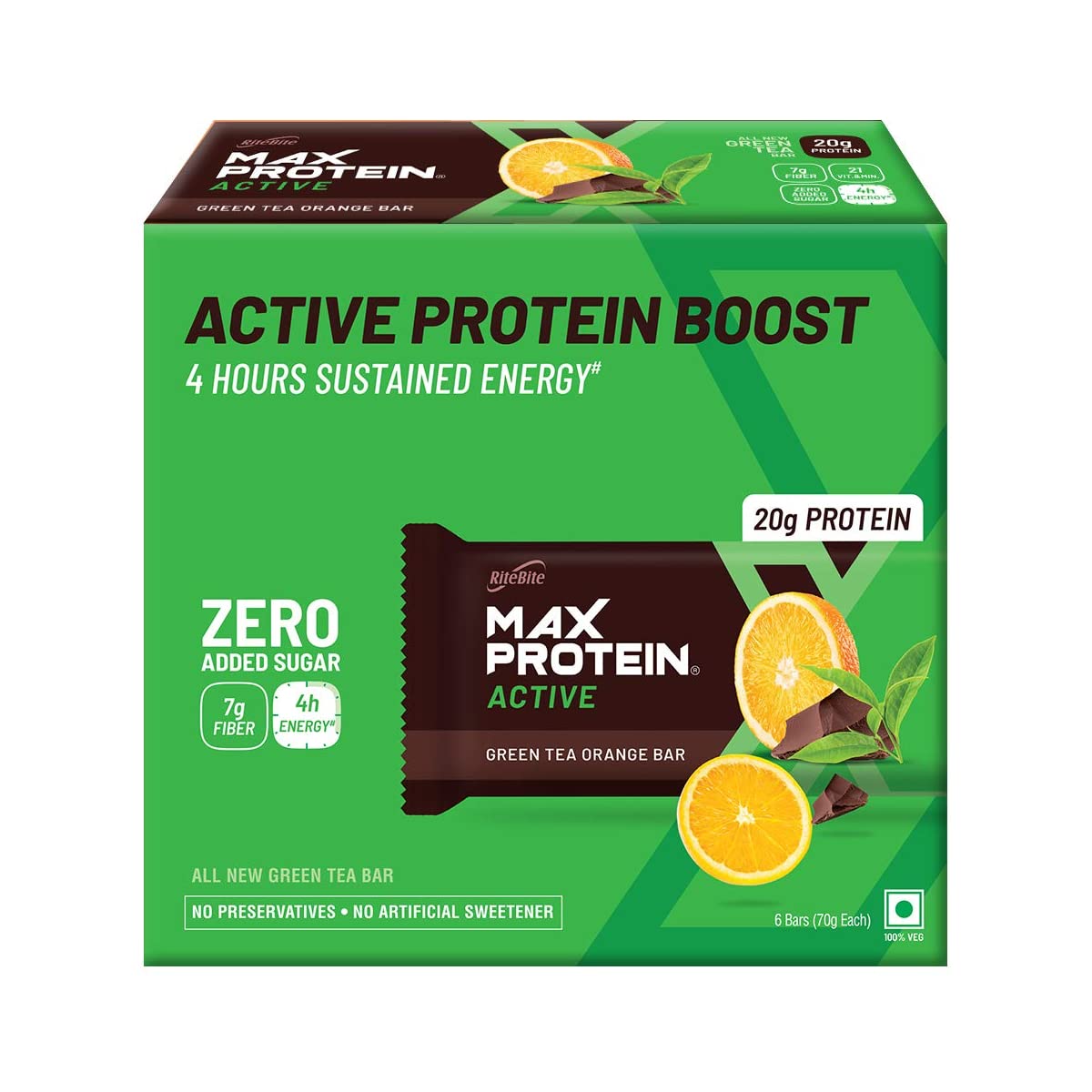 Max Protein Active Green Tea Orange - 20g Protein (Pack of 6) RiteBite Max Protein