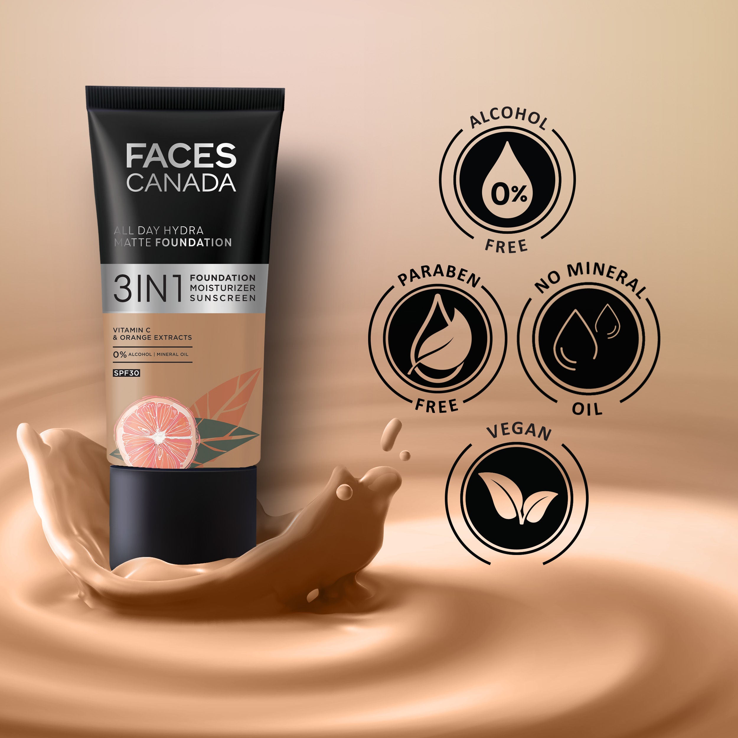 Faces Canada 3 In 1 All Day Hydra Matte Foundation - Golden Beige 032 (25ml) Faces Canada