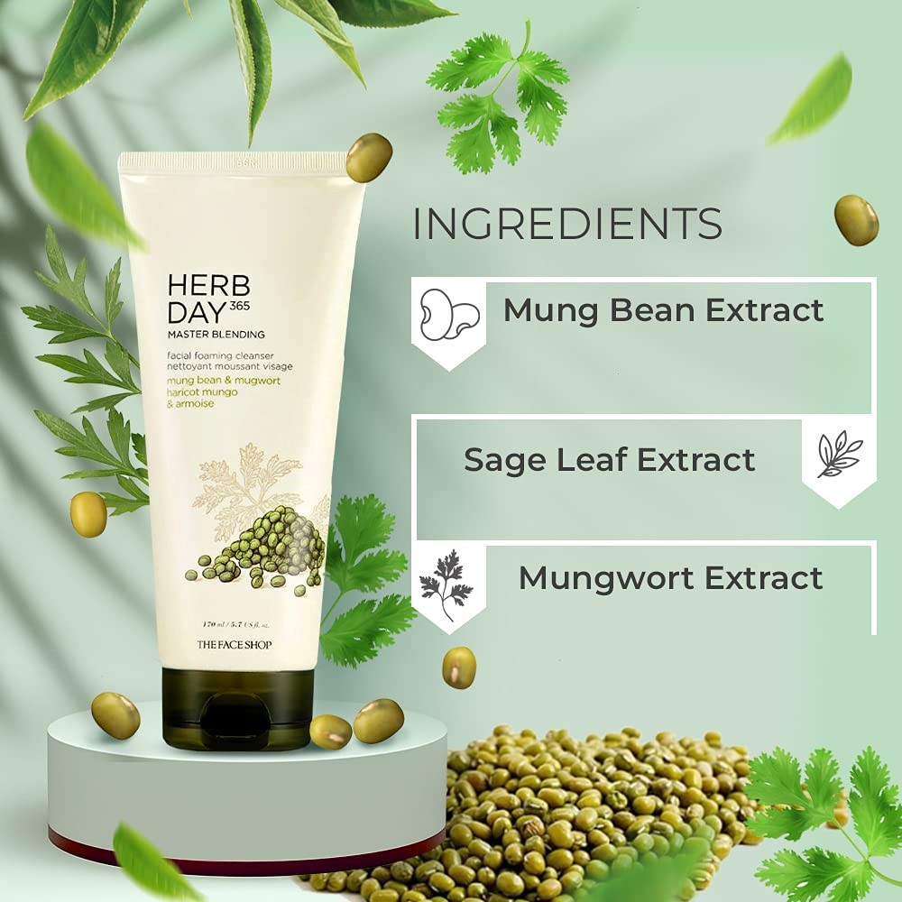 The Face Shop Herb 365 Day Master Blending Mung Bean & Mugwort Haricot Mungo & Armoise Foaming Cleanser (170 ml) The Face Shop