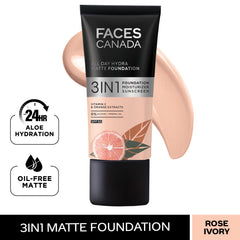 Faces Canada 3 In 1 All Day Hydra Matte Foundation - Rose Ivory 011 (25ml) Faces Canada
